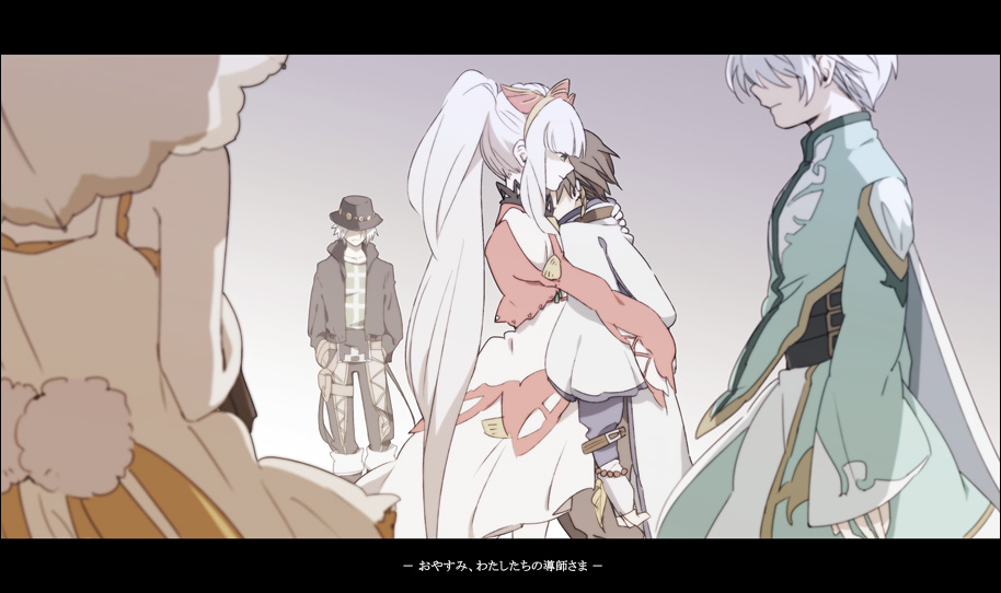 2girls, 3boys, brown_hair, cape, coat, dezel_(tales), dress, edna_(tales)