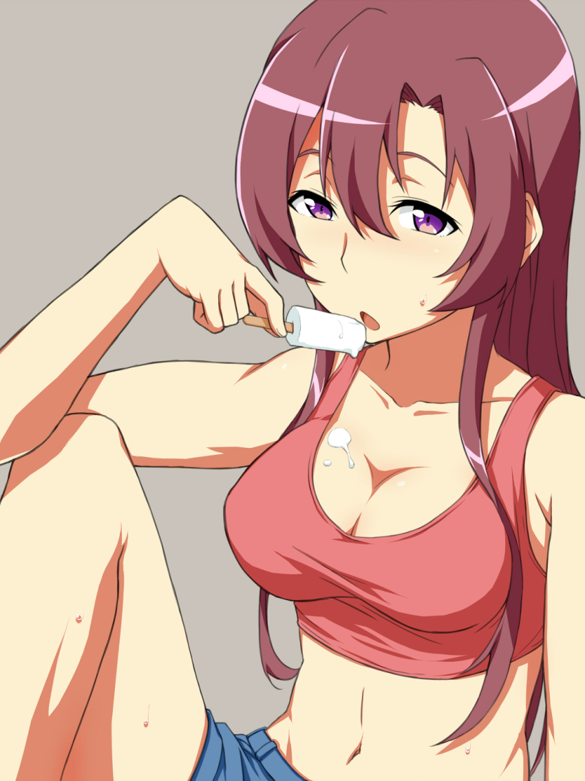 1girl, breasts, cleavage, grey_background, highres, long_hair, looking_at_viewer, maboro_shiki, midriff, navel, popsicle, redhead, ryuugajou_nanana_no_maizoukin, sblack, simple_background, solo, violet_eyes