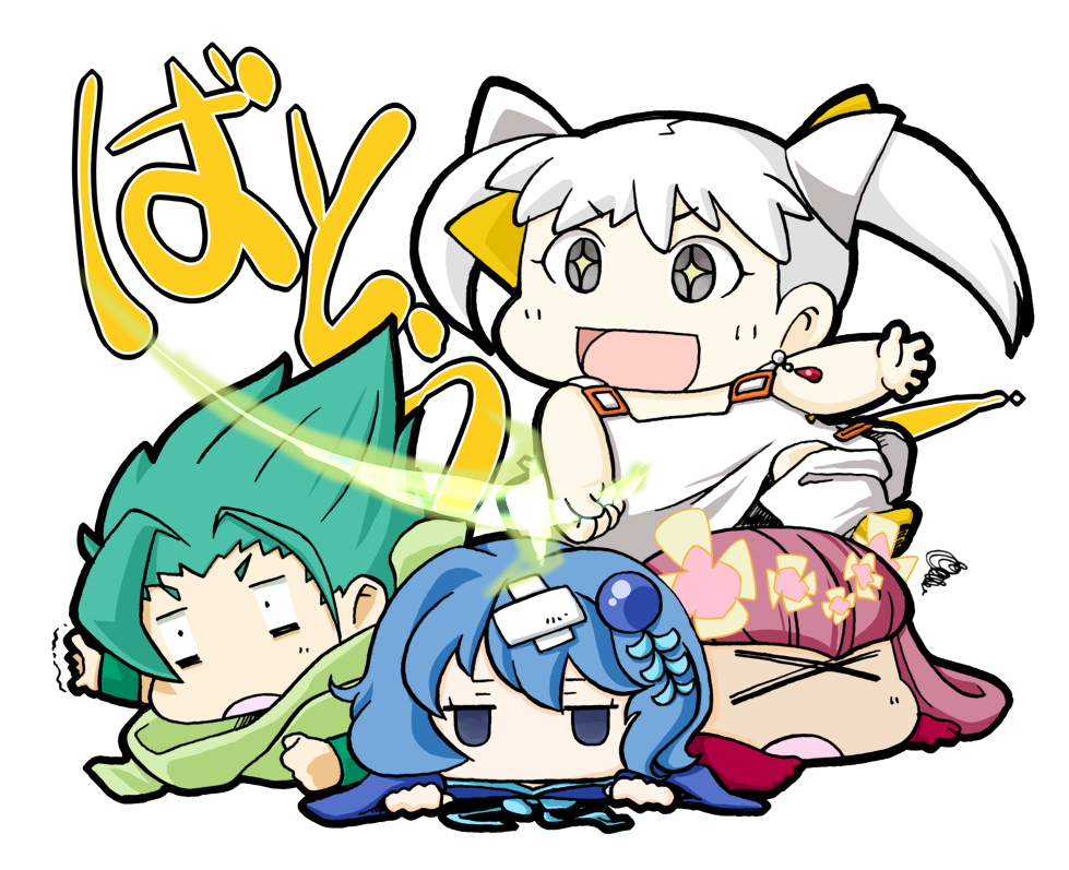 >_<, 4girls, bandages, bare_shoulders, blue_eyes, blue_hair, chibi, earrings