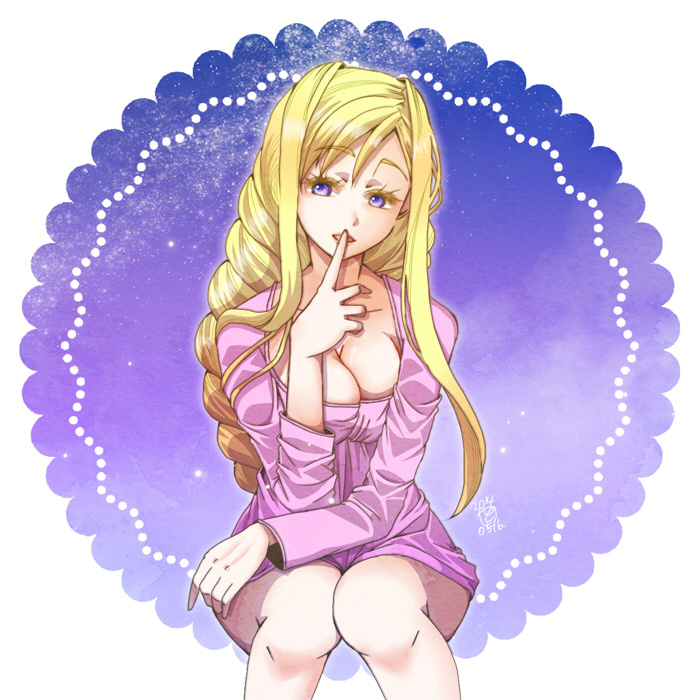 1girl, alicia_florence, aria, blonde_hair, breasts, cleavage, large_breasts, long_hair, smile, solo, tomomi_(mltplus), violet_eyes