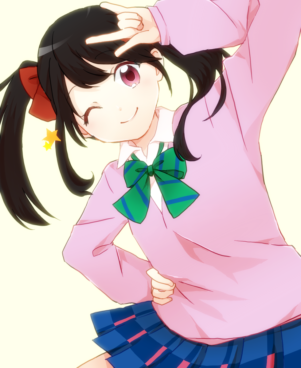 1girl, black_hair, bow, hair_bow, hand_on_hip, highres, looking_at_viewer, love_live!_school_idol_project, marumochi, one_eye_closed, red_eyes, school_uniform, smile, solo, twintails, wink, yazawa_nico