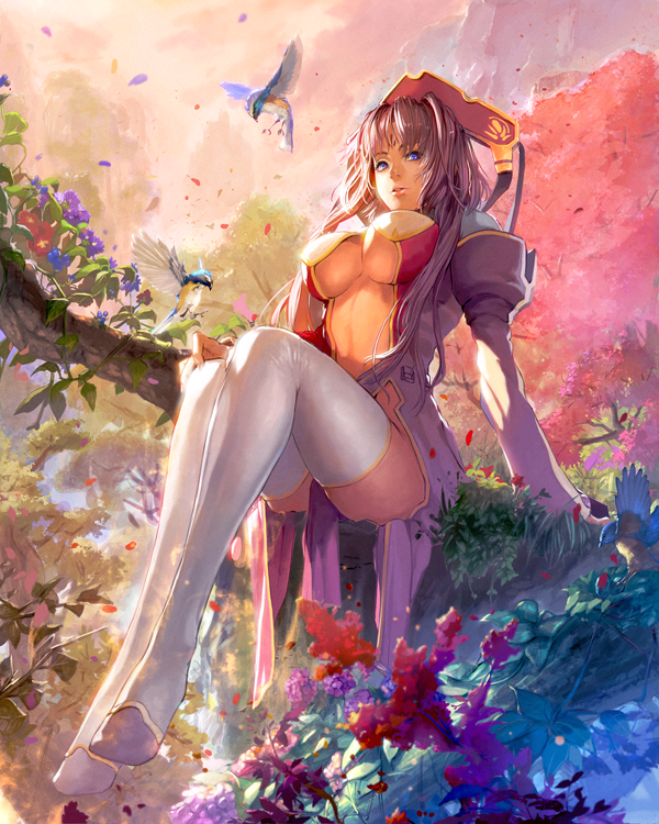 1girl, bird, blue_eyes, breasts, hat, koihime_musou, large_breasts, long_hair