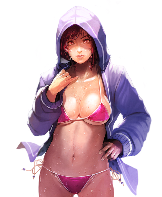 1girl, bikini, breasts, brown_eyes, brown_hair, dead_or_alive, dead_or_alive_5, hoodie, large_breasts, light_smile, lips, looking_at_viewer, mila_(doa), short_hair, side-tie_bikini, solo, sweat, sweating, sweating_profusely, swimsuit, wet, yuumikouki