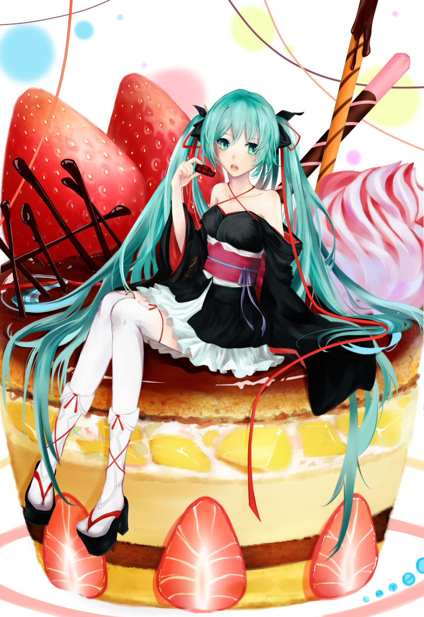 1girl, absurdres, aqua_eyes, aqua_hair, cake, chocolate, cosplay, food, fruit, green_eyes, hair_ribbon, hatsune_miku, highres, in_food, japanese_clothes, kimono, kimono_skirt, lammmmmmbo, long_hair, machine-doll_wa_kizutsukanai, minigirl, obi, open_mouth, ribbon, sash, sitting, solo, strawberry, thighhighs, twintails, very_long_hair, vocaloid, yaya_(machine-doll), yaya_(machine-doll)_(cosplay)