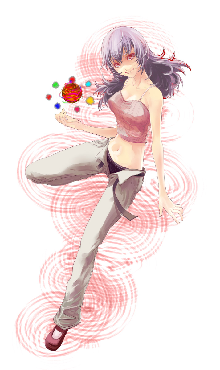 1girl, camisole, gym_leader, highres, kakage, levitate, levitation, midriff, natsume_(pokemon), natsume_(pokemon)_(hgss), panties, pokemon, pokemon_(game), pokemon_gsc, purple_hair, red_eyes, smile, tank_top, underwear, unzipped