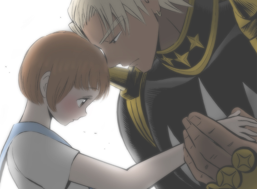 1boy, 1girl, blonde_hair, brown_hair, couple, gamagoori_ira, haruta_(h-oh), holding_hands, kill_la_kill, mankanshoku_mako, short_hair, uniform