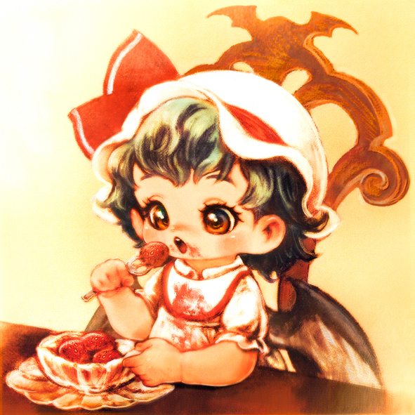 1girl, aqua_hair, bat_wings, bib, brown_eyes, child, eating, food