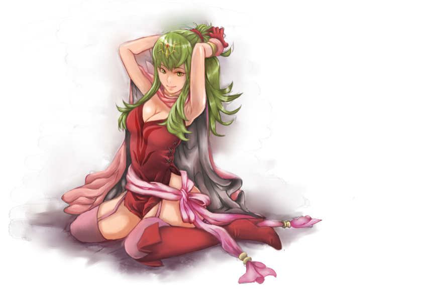 1girl, boots, breasts, cape, chiki, dress, fire_emblem, fire_emblem:_kakusei, garter_straps, gloves, green_eyes, green_hair, hair_ornament, hair_ribbon, highres, jewelry, knee_boots, long_hair, pocari66, pointy_ears, ponytail, ribbon, sitting, smile, solo, thigh-highs, wariza