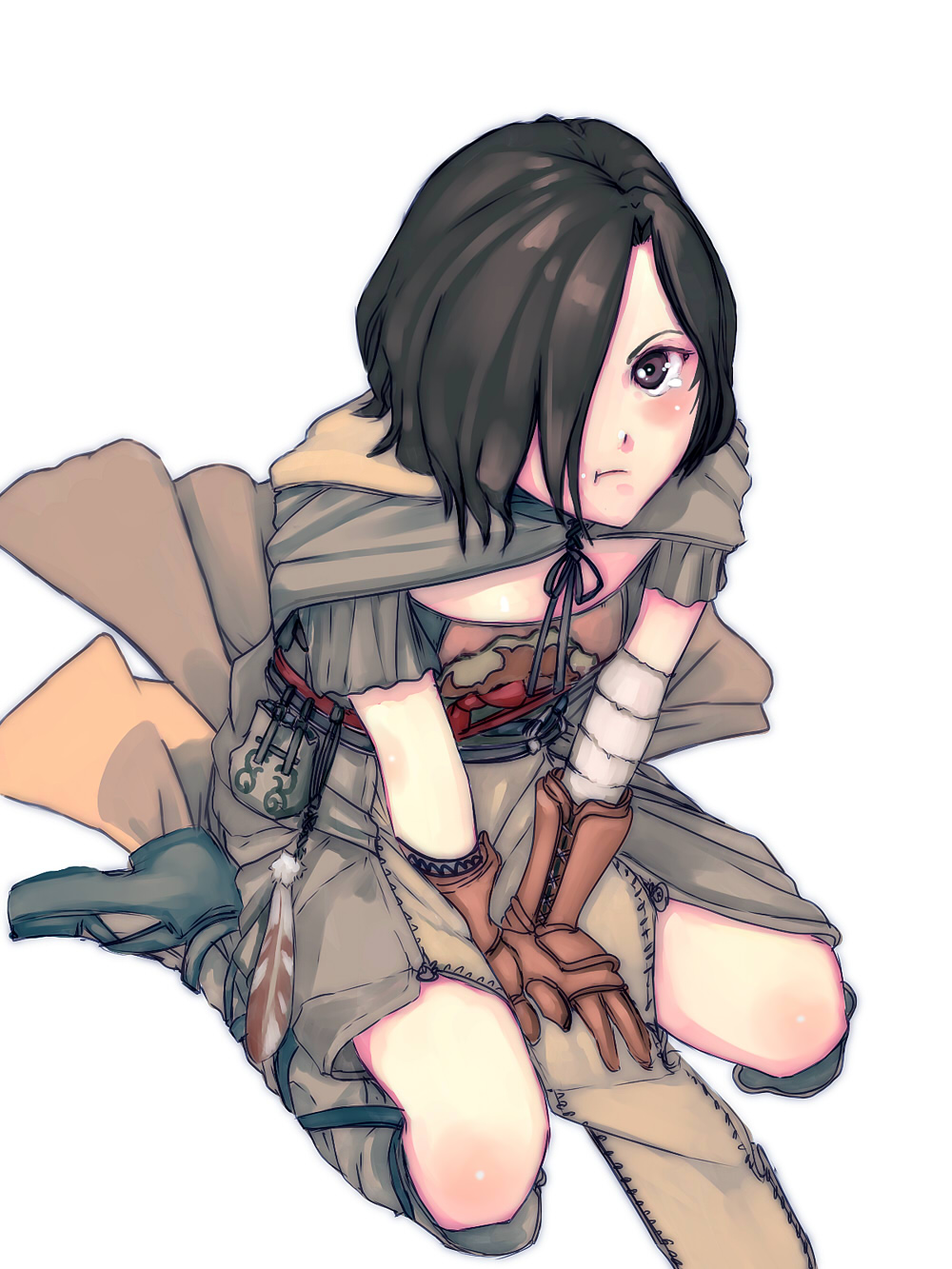 bandaged_arm, black_hair, dark_souls_2, emerald_herald, gloves, hair_over_one_eye, hands_on_lap, highres, hood_down, lordlessv2, pouch, pout, sitting, solo, souls_(from_software), wariza