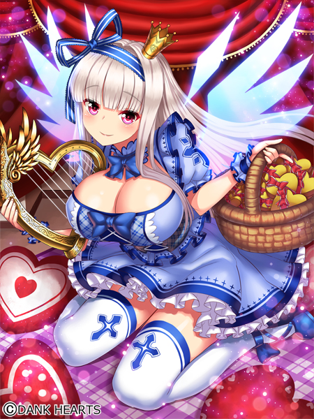 1girl, bowtie, breasts, cleavage, crown, harp, heart, instrument, large_breasts, looking_at_viewer, original, pink_eyes, ribbon, ribbon-trimmed_clothes, ribbon_trim, silver_hair, smile, thigh-highs, weapon_girls, yapo