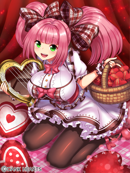1girl, breasts, green_eyes, harp, heart, instrument, large_breasts, looking_at_viewer, open_mouth, original, pink_hair, ribbon, ribbon-trimmed_clothes, ribbon_trim, twintails, weapon_girls, yapo