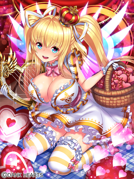 blonde_hair, bowtie, breasts, cleavage, crown, harp, heart, heart-shaped_pupils