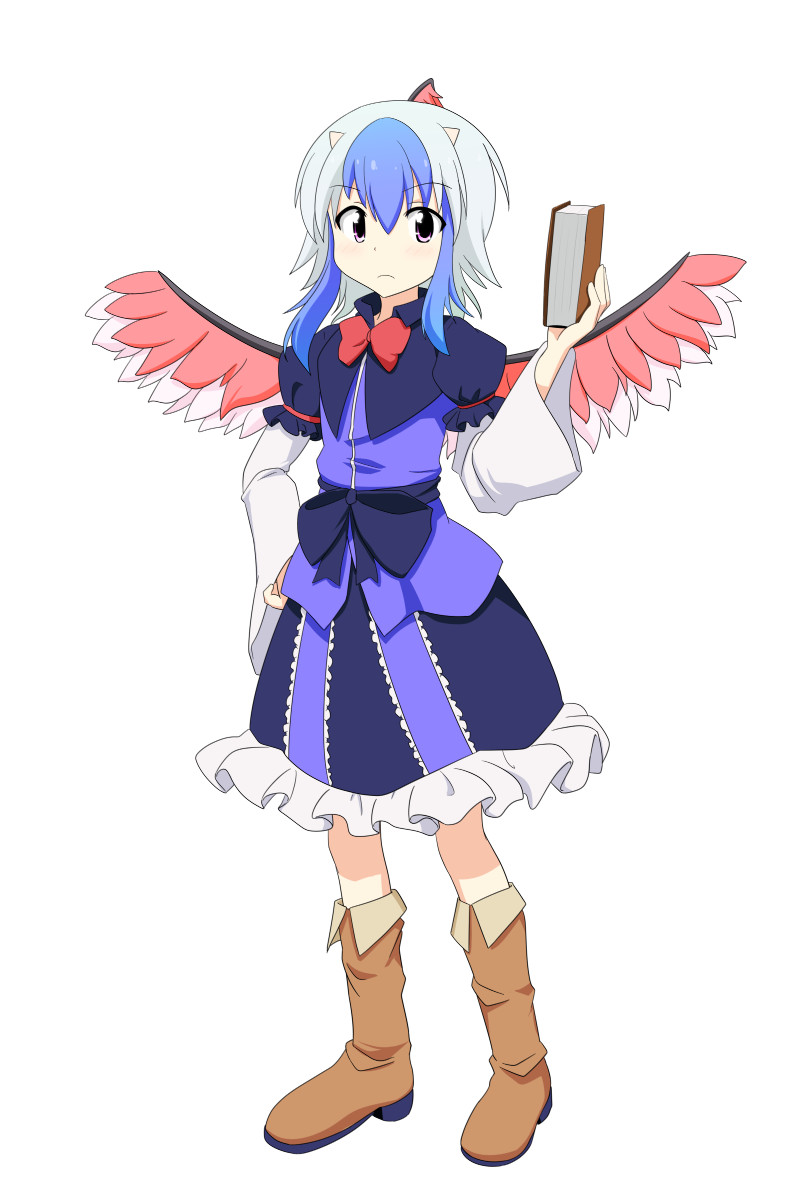 bird_wings, blue_hair, book, boots, bow, bowtie, capelet, cato_(monocatienus)