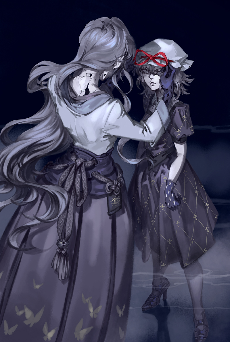 2girls, bow, hat, long_hair, maribel_hearn, momijigari, multiple_girls, ribbon