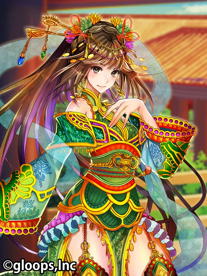 1girl, bare_shoulders, brown_eyes, brown_hair, chinese_clothes, daisenran!!_sangokushi_battle, hair_ornament, hand_on_own_chest