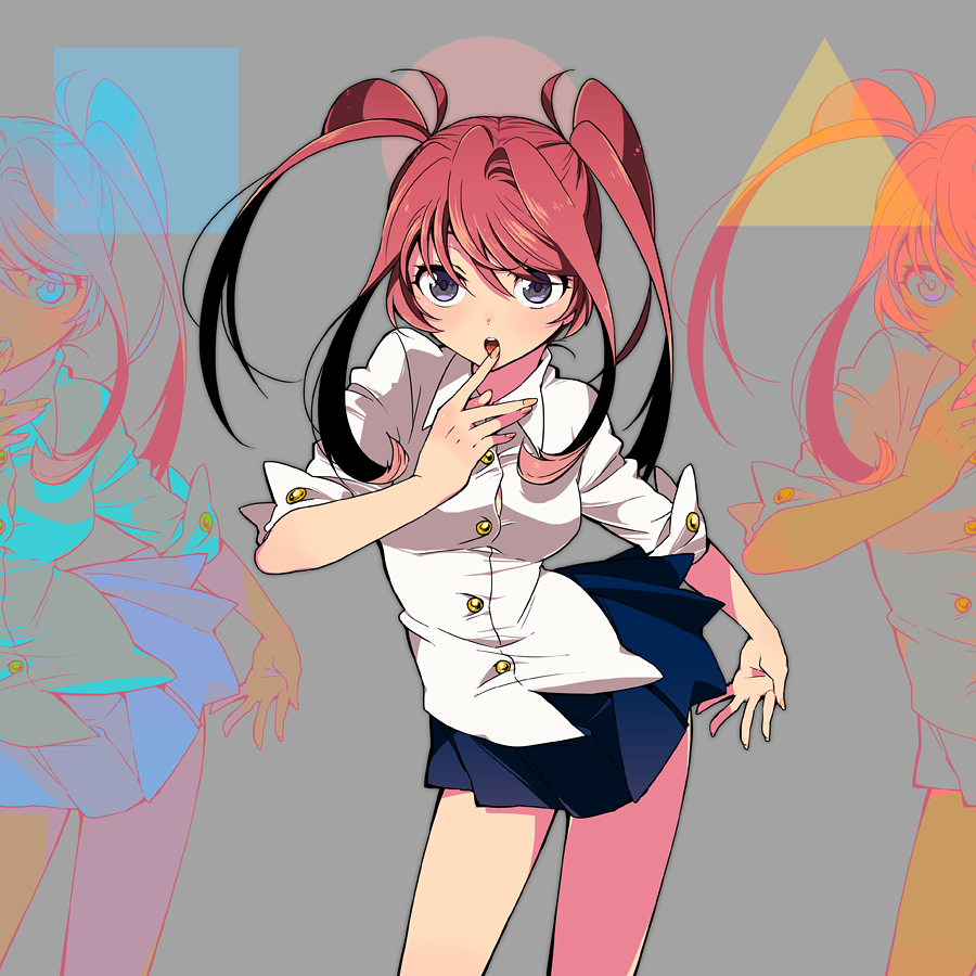 1girl, antenna_hair, blouse, blue_eyes, finger_to_mouth, kumo_suzume, long_hair, looking_at_viewer