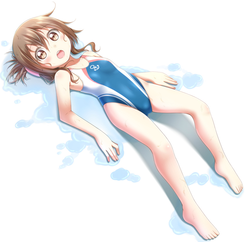 1girl, alternate_costume, brown_eyes, brown_hair, competition_swimsuit, folded_ponytail, gggrande, inazuma_(kantai_collection), kantai_collection, long_hair, looking_at_viewer, lying, one-piece_swimsuit, puddle, solo, swimsuit, white_background