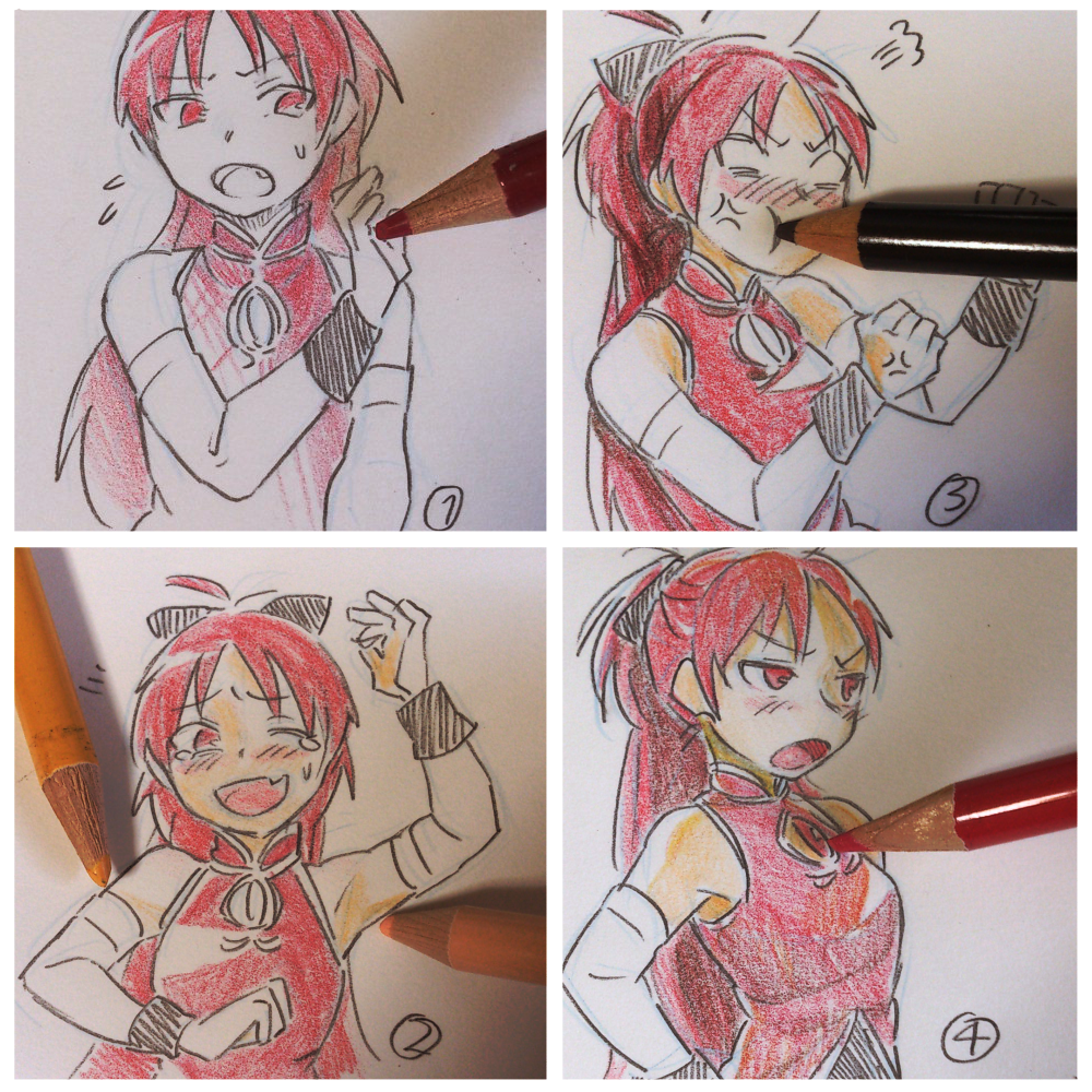 1girl, anger_vein, angry, arm_up, bare_shoulders, blush, colored_pencil, colored_pencil_(medium), fang, flying_sweatdrops, fourth_wall, irritated, kuwabara_(medetaya), long_hair, magical_girl, mahou_shoujo_madoka_magica, one_eye_closed, open_mouth, pencil, photo, poking, ponytail, red_eyes, redhead, sakura_kyouko, smile, stitched, sweatdrop, tears, tickling, traditional_media, wink