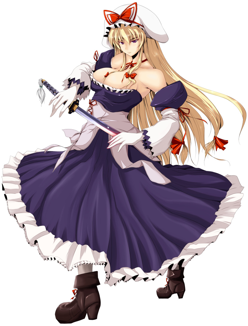 1girl, absurdres, bare_shoulders, blonde_hair, breasts, cleavage, drawing_sword, eyebrows