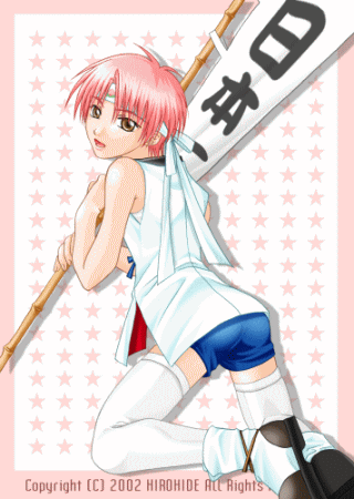 bandana, boy, crossdressing, flag, hiro_(usukawa), looking_back, male, open_mouth, pink_hair, ribbon, shorts, shota, trap, usukawa_(artist)