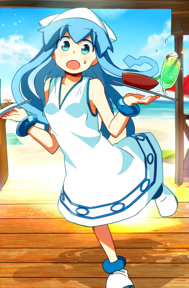 1girl, aqua_eyes, beach, blue_hair, dishes, dress, food, hat