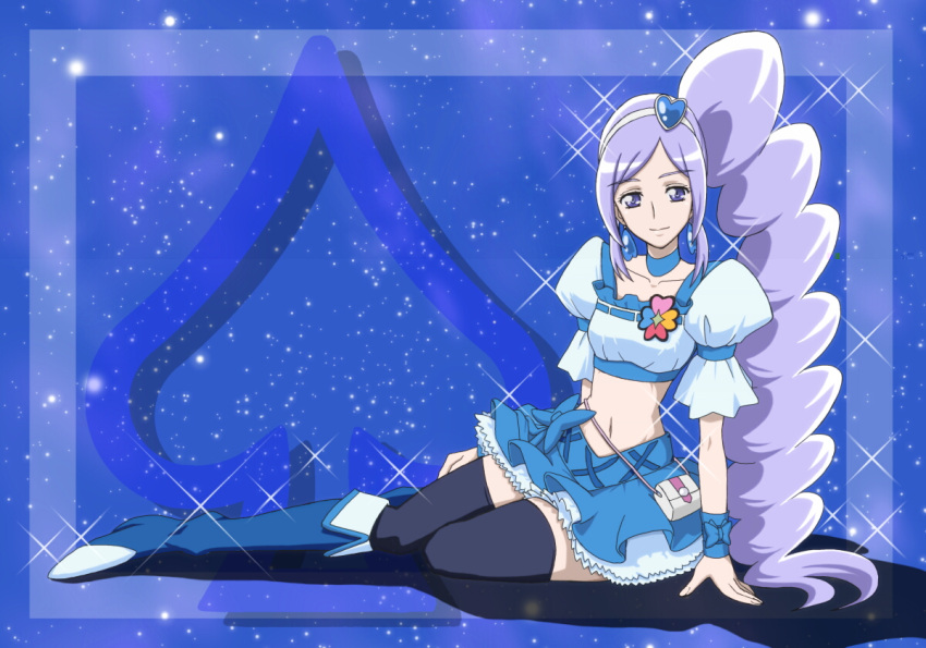 1girl, aono_miki, blue_background, blue_legwear, blue_skirt, boots, choker, cure_berry