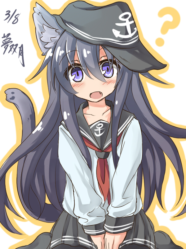 1girl, ?, akatsuki_(kantai_collection), animal_ears, black_hair, blush, hat, kantai_collection