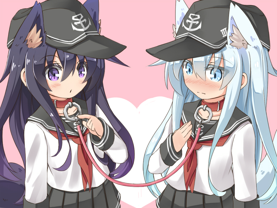 2girls, akatsuki_(kantai_collection), animal_ears, black_hair, blue_eyes, blush, collar, hat