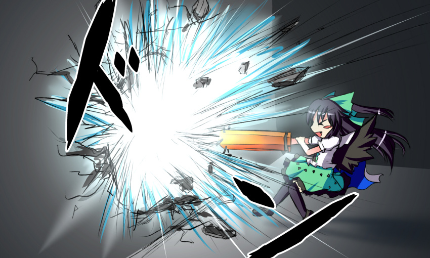 >_<, 1girl, :d, amiru9, arm_cannon, black_hair, bow, explosion
