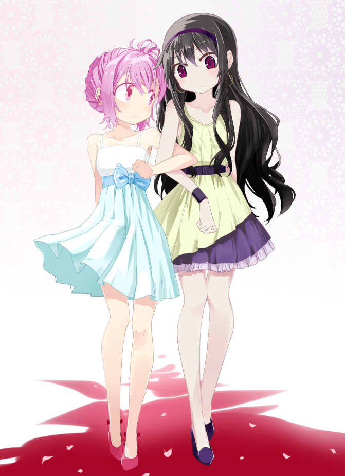 2girls, akemi_homura, aqua_dress, belt, black_hair, bow, dress, earrings, hairband, high_heels, jewelry, kaname_madoka, linked_hands, long_hair, looking_at_another, mahou_shoujo_madoka_magica, multiple_girls, pink_eyes, smile, violet_eyes, yuri