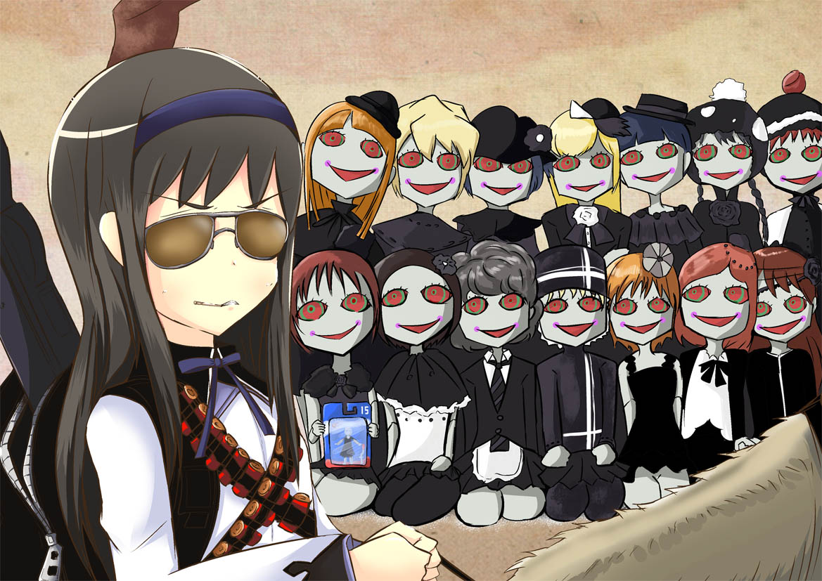 6+girls, akemi_homura, bandolier, black_hair, blonde_hair, braid, brown_hair, clara_dolls_(madoka_magica)