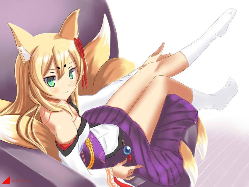 1girl, 4:3_aspect_ratio, animal_ears, artist_request, bangs, blush, couch, fox_ears, highres, japanese_clothes, kimono, kitsune, lying, mon-musu_quest!, monster_girl, payot, solo, tail, tamamo_(mon-musu_quest!), tattoo