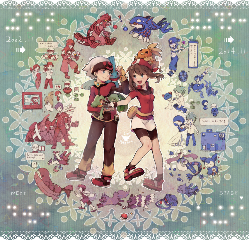 aggron, bandana, berries, bike_shorts, black_hair, brown_hair, cameraman_(pokemon), fanny_pack, fingerless_gloves, gardevoir, gloves, groudon, haruka_(pokemon), hat, highres, kyogre, latias, latios, master_ball, metagross, mightyena, milotic, mitsuru_(pokemon), mudkip, odamaki_(pokemon), open_mouth, poke_ball, pokeblock, pokeblock_case, pokemon, pokemon_(creature), pokemon_(game), pokemon_oras, pokemon_rse, pokenav, ralts, relicanth, reporter_(pokemon), short_hair, skitty, syerii, team_aqua, team_aqua_grunt, team_magma, team_magma_grunt, torchic, treecko, tsuwabuki_daigo, wailmer, wailord, wingull, yuuki_(pokemon), zigzagoon