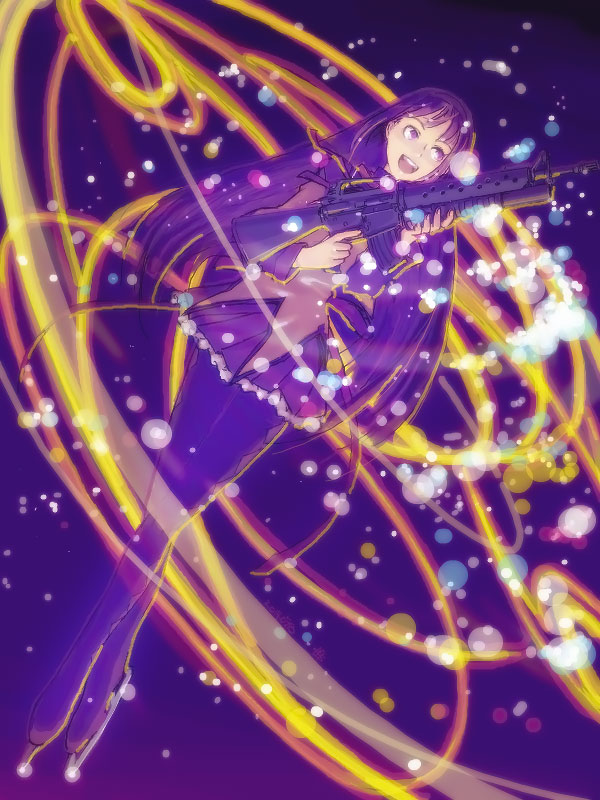 1girl, :d, akemi_homura, assault_rifle, black_hair, grenade_launcher, gun, hairband