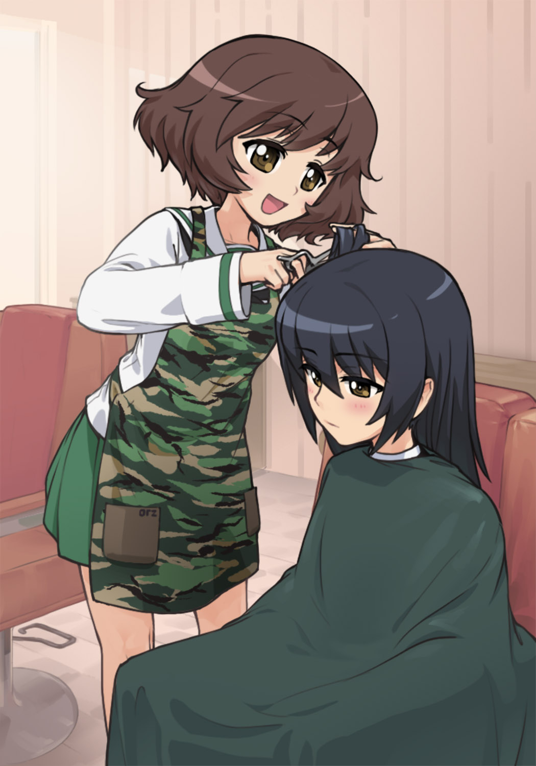 akiyama_yukari, barber_chair, cutting_hair, drawfag, girls_und_panzer, highres, reizei_mako