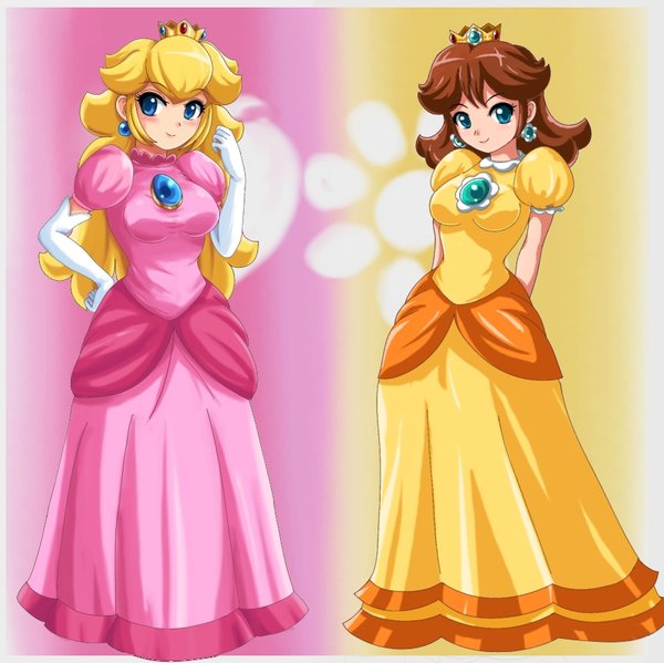 2girls, blush, cleavage, crown, dress, long_dress, nintendo, princess_daisy