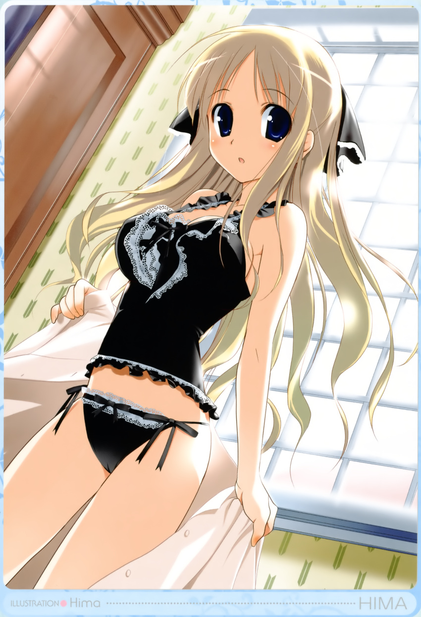 blonde_hair, blue_eyes, bra, bustier, dengeki_moeou, hair_ribbon, highres, hima