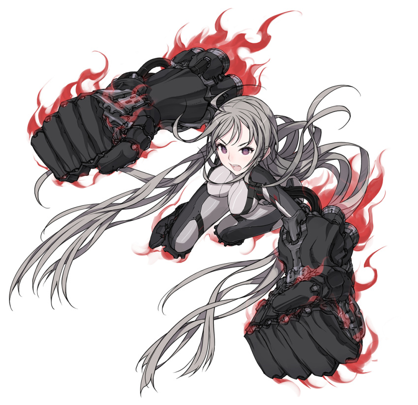 1girl, ahoge, bodysuit, full_body, gauntlets, glowing, greaves, grey_hair