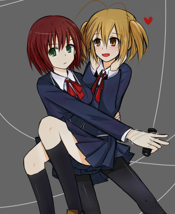 2girls, antenna_hair, arachnid_(series), bad_id, blonde_hair, blush, brown_hair, fujii_alice