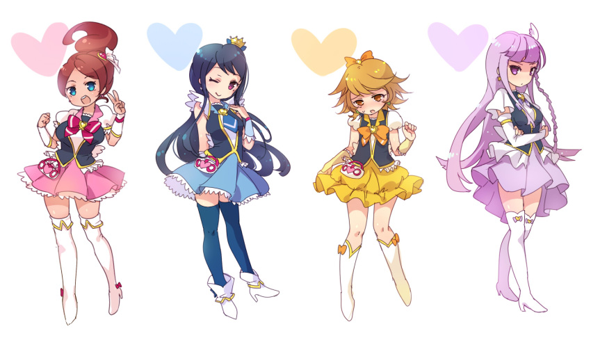 1boy, 3girls, asahina_aoi, blue_eyes, blue_hair, blue_legwear, blue_skirt, boots