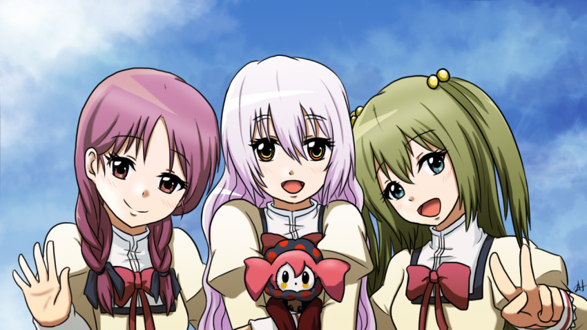 3girls, athyra, blue_eyes, braid, charlotte_(madoka_magica), chitose_yuma, green_hair, long_hair