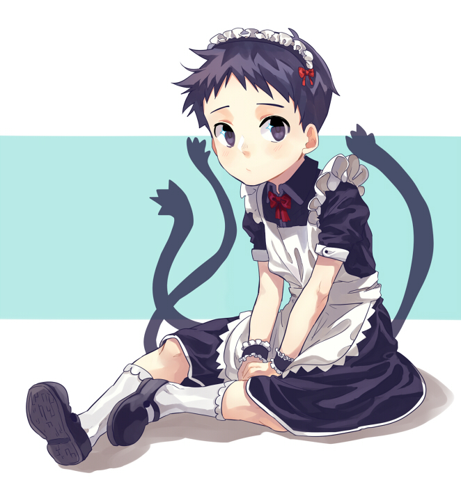 1boy, apron, black_dress, black_eyes, black_hair, blue_background, blush, crossdressinging