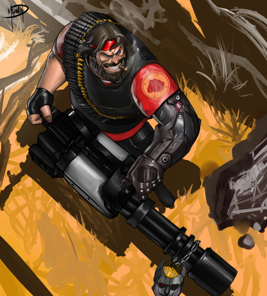 1boy, absurdres, alternate_costume, alternate_hairstyle, ammunition_belt, bandolier, beard, blue_eyes