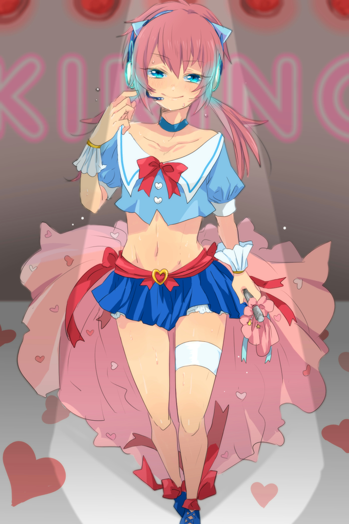 1boy, blue_eyes, blush, character_name, choker, crossdressinging, headset, heart