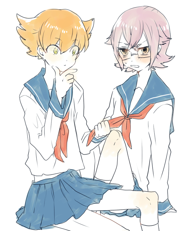 2boys, blush, crossdressinging, glasses, inazuma_eleven_(series), inazuma_eleven_go, inazuma_eleven_go_galaxy, male