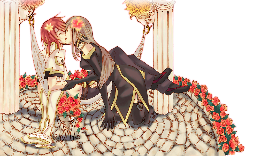 1girl, couple, flower, gurio, hammock, kiss, luke_fon_fabre, pillar