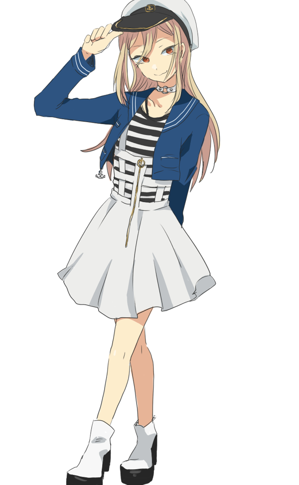 1boy, afuro_terumi, blonde_hair, choker, crossdressinging, hat, high_heels, inazuma_eleven, inazuma_eleven_(series), long_hair, male, shirota69, skirt, solo, trap, white_background