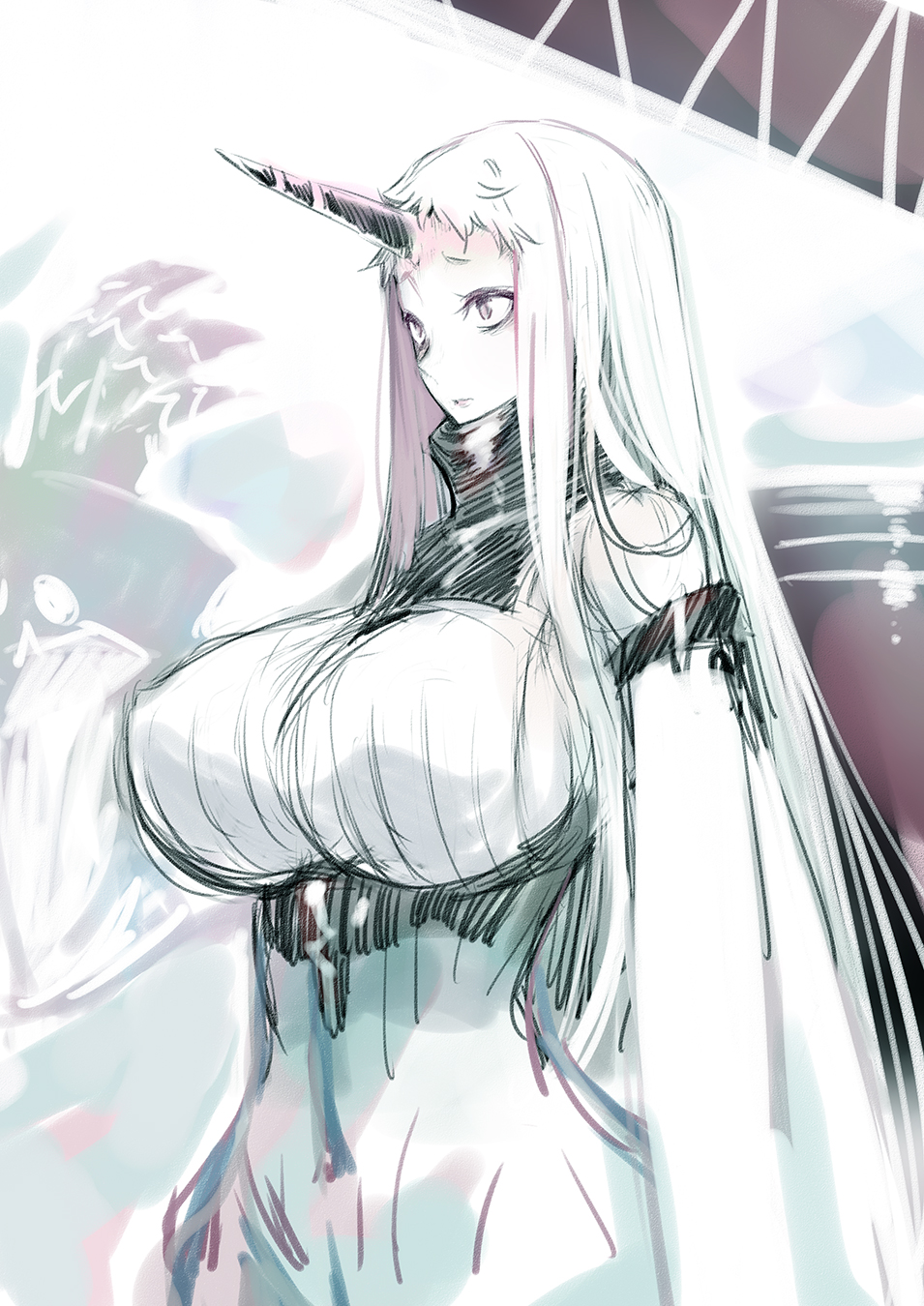 1girl, bare_shoulders, breasts, highres, horn, huge_breasts, kantai_collection, long_hair