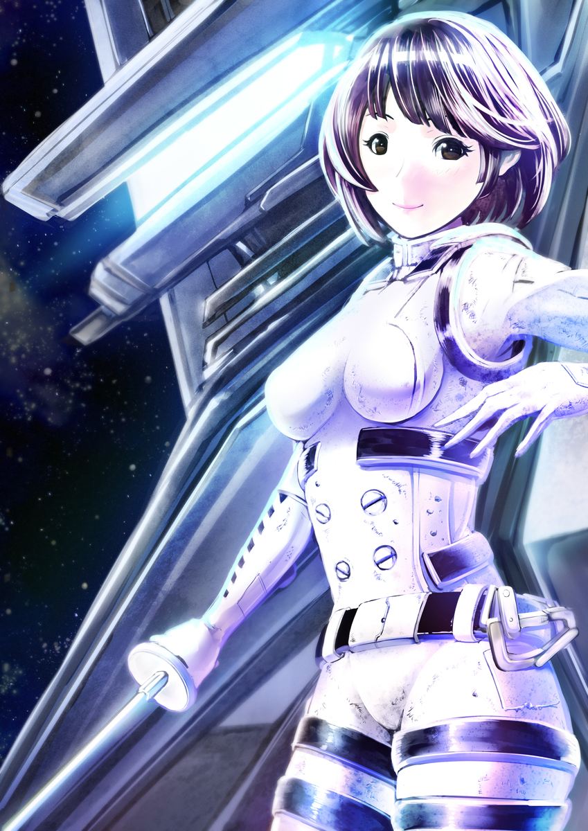 1girl, black_eyes, black_hair, bob_cut, bodysuit, highres, hoshijiro_shizuka, no_headwear
