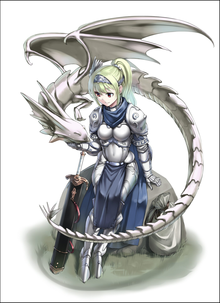 1girl, armor, armored_dress, bag, blonde_hair, cape, dragon, frame